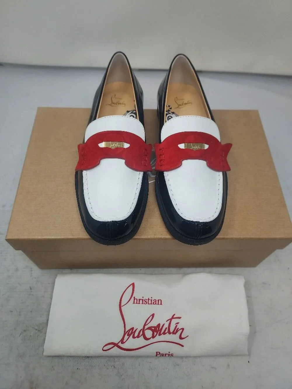 Christian Louboutin Boys Black White Red Penny Loafer